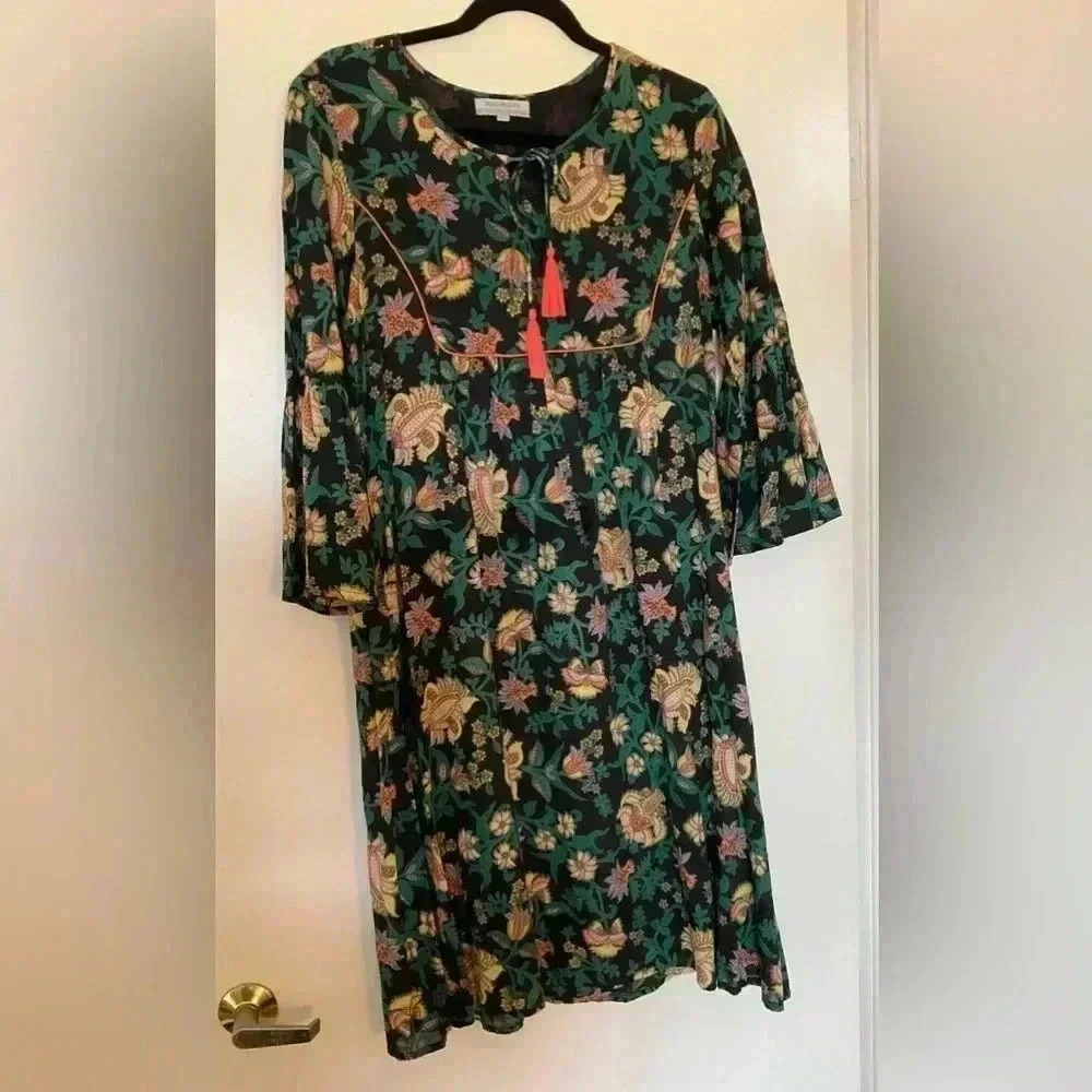 Cost Plus World Market Women's Floral Jungle Pedant Tasseled Popover Dress S/M